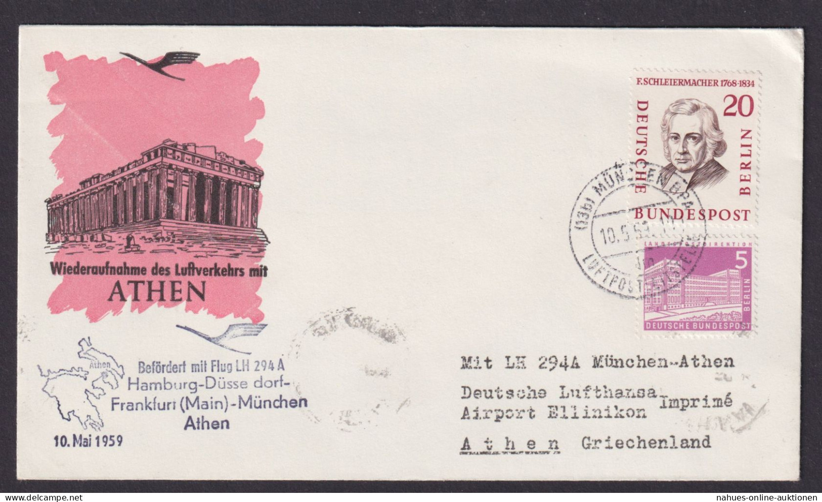 Flugpost Brief Air Mail Berlin Bauten Lufthansa LH 194 A München BPA Athen - Lettres & Documents