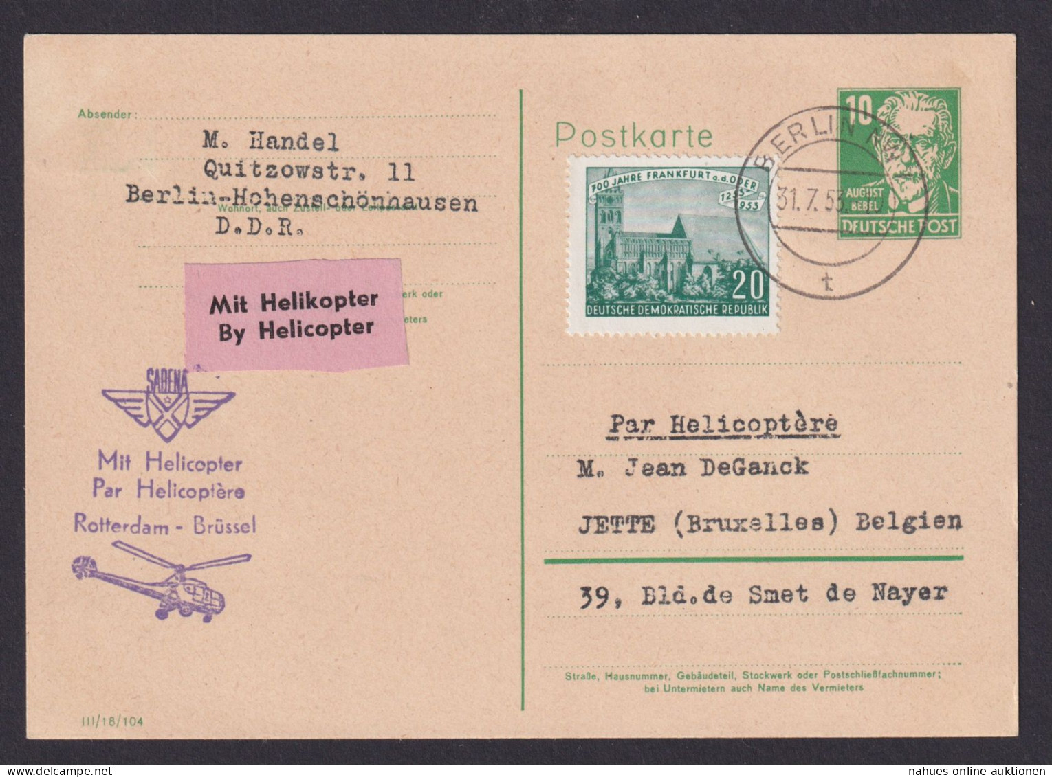 Helikopter Flugpost Brief DDR Ganzsache Köpfe Bebel Sabena Inter. Zuleitung - Postcards - Used