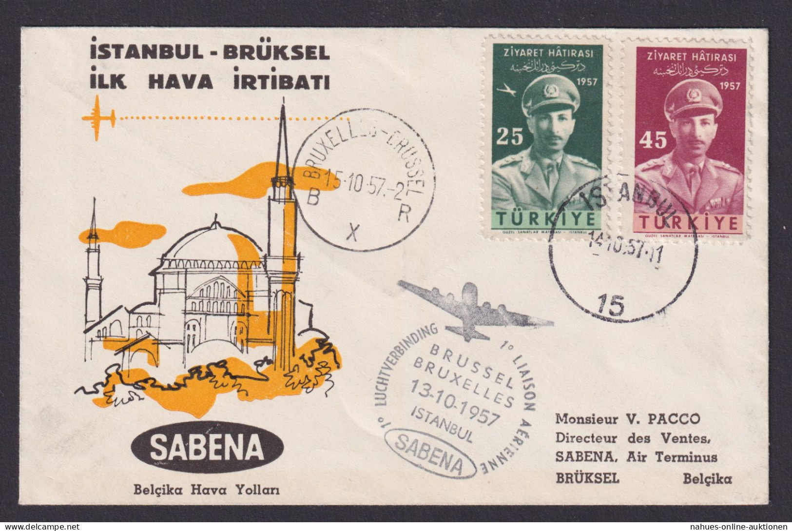 Flugpost Brief Air Mail Sabena Istanbul Brüssel Belgien 14.10.1957 - Cartas & Documentos