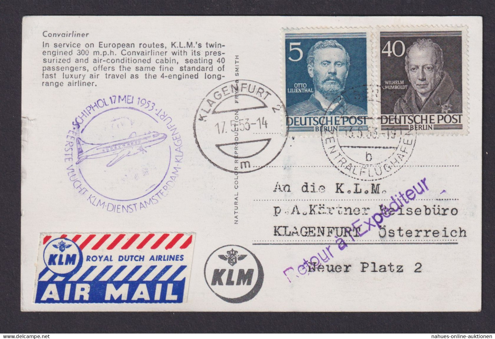 Flugpost Brief Air Mail Tolle Flugkarte Convairliner KLM Amsterdam Klagenfurt - Briefe U. Dokumente