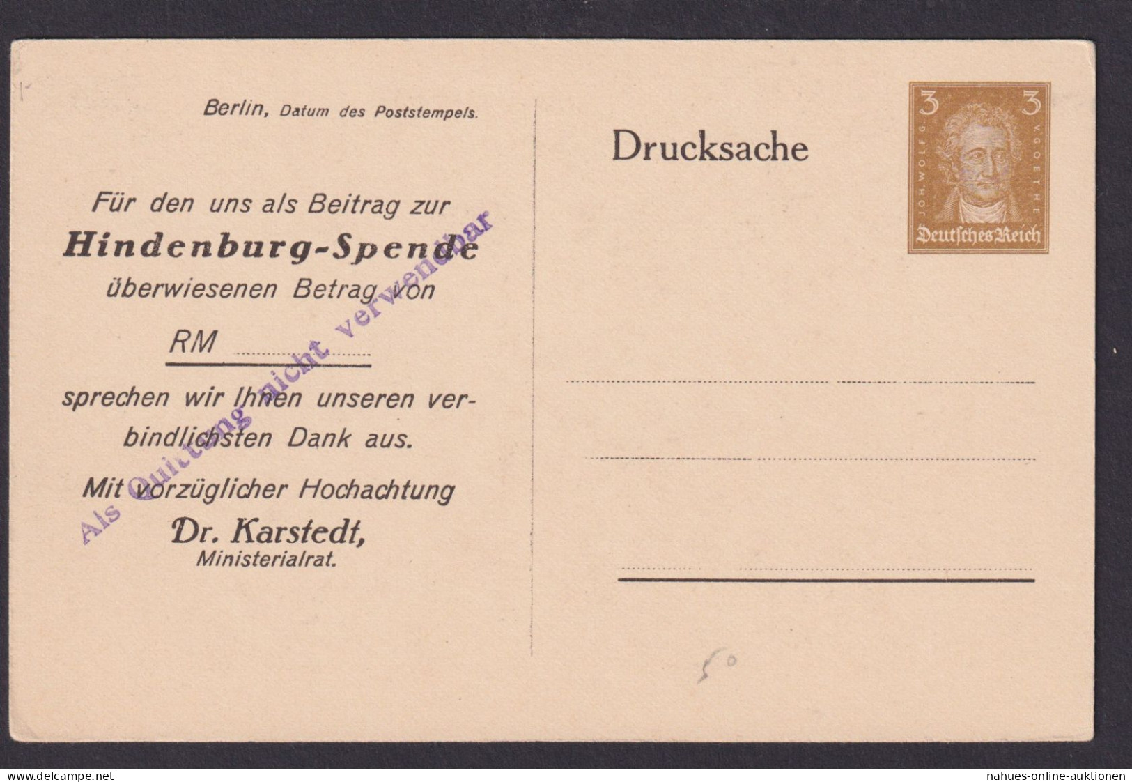 Deutsches Reich Privatganzsache Dank Für Hindenburg Spende Porträt Hindenburg - Altri & Non Classificati