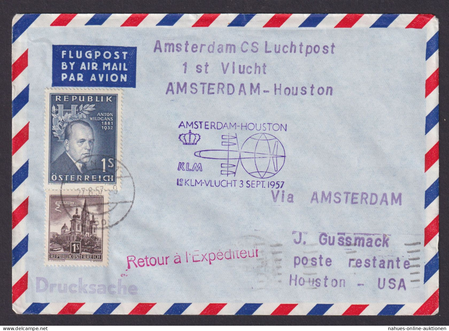 Flugpost Brief Air Mail KLM Erstflug Amsterdam Houston Texas USA Zuleitung - Brieven En Documenten