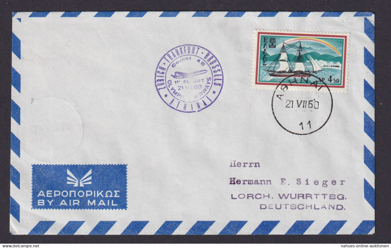 Flugpost Brief Air Mail Griechenland Zürich Frankfurt Brüssel Athen 21.7.1960 - Brieven En Documenten