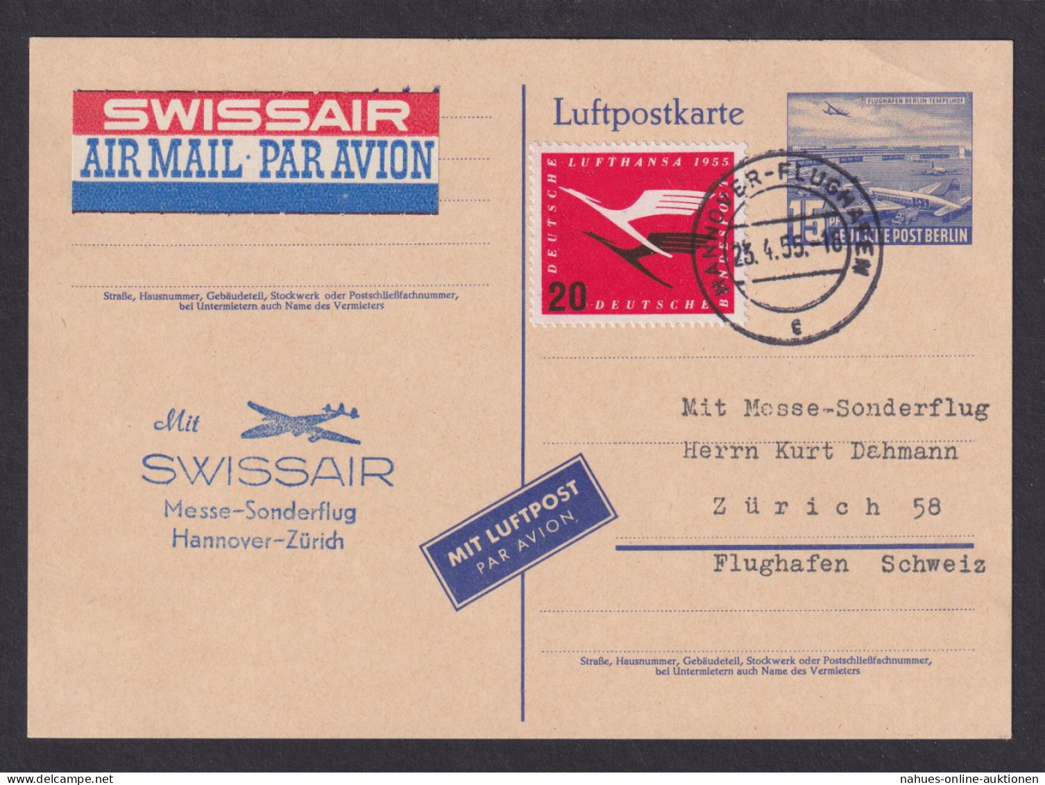 Flugpost Brief Air Mail Berlin Ganzsache + ZuF Bund Luftpost Lufthansa Hannover - Lettres & Documents