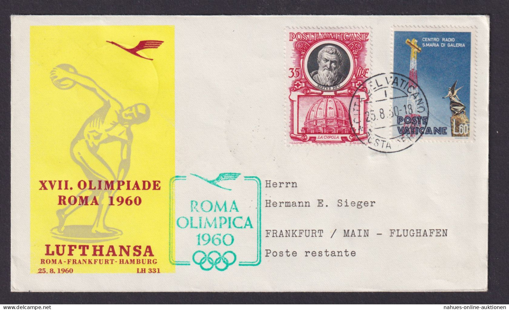 Flugpost Brief Air Mail Lufthansa XVII Olympia Rom Hamburg Vatican 25.8.1960 - Cartas & Documentos