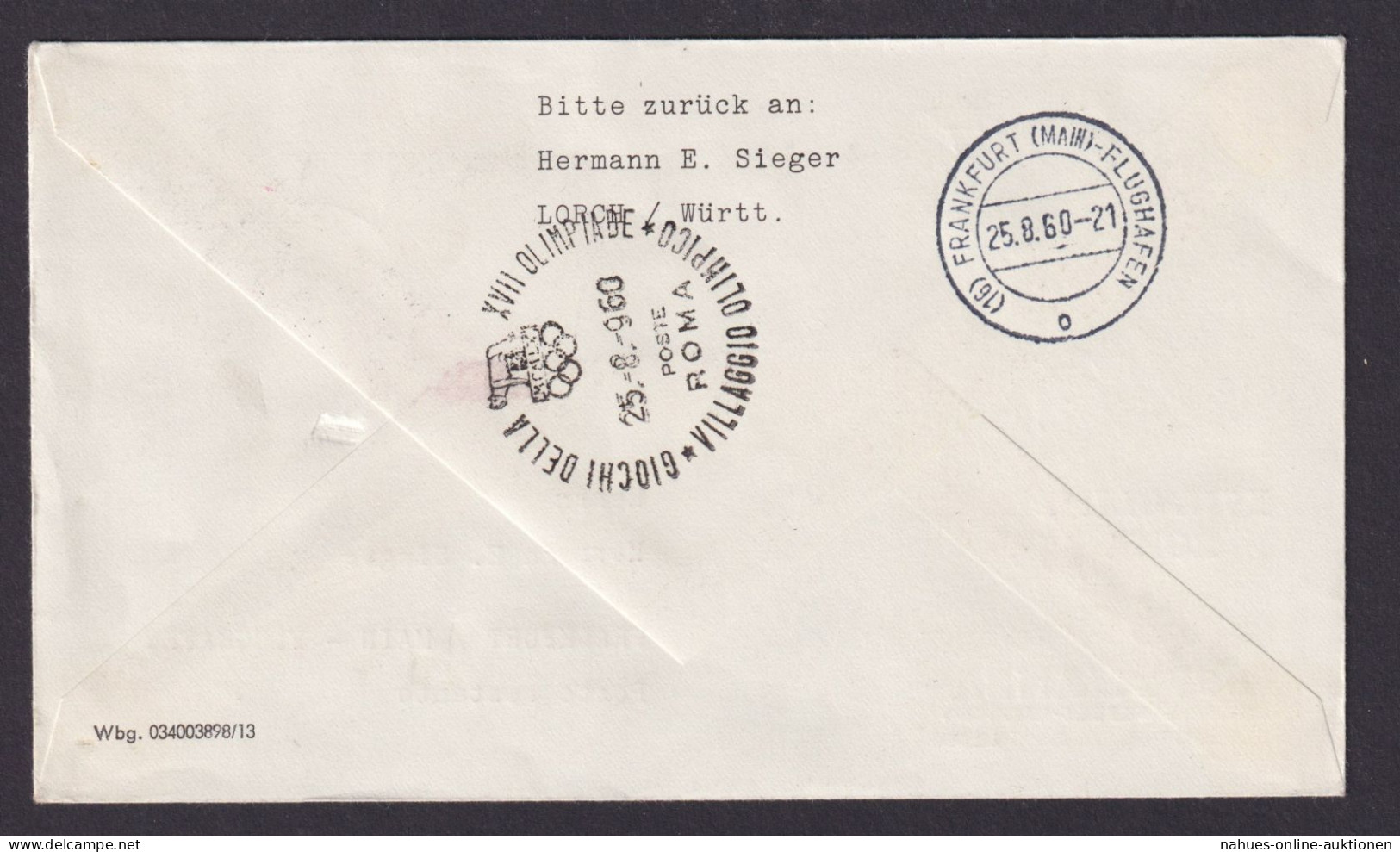Flugpost Brief Air Mail Lufthansa XVII Olympia Rom Hamburg Vatican 25.8.1960 - Storia Postale