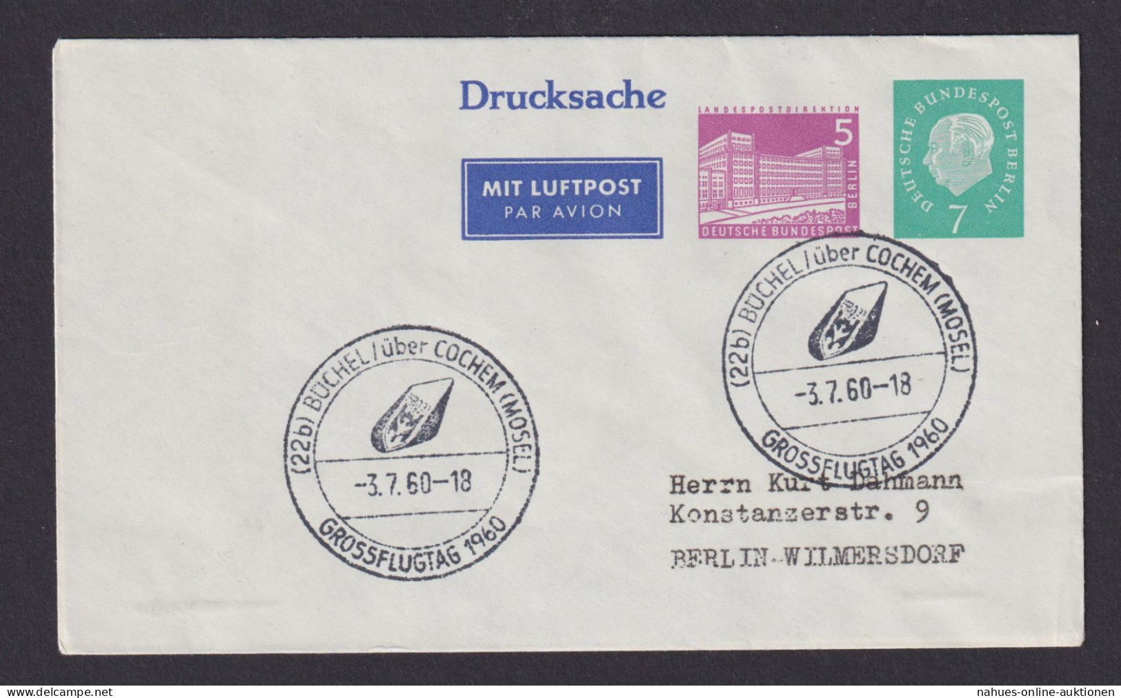 Flugpost Brief Air Mail Berlin Privatganzsache WST Heuss + Bauten Büchel Cochem - Brieven En Documenten