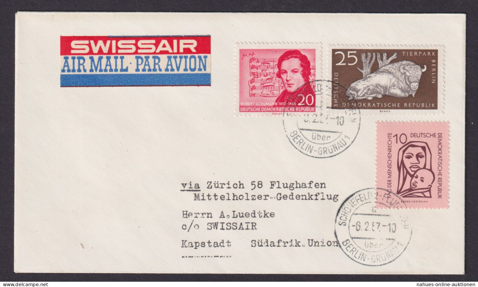 Flugpost Brief Air Mail Swissair DDR Zuleitung Schönefeld über Berlin Grünau - Lettres & Documents
