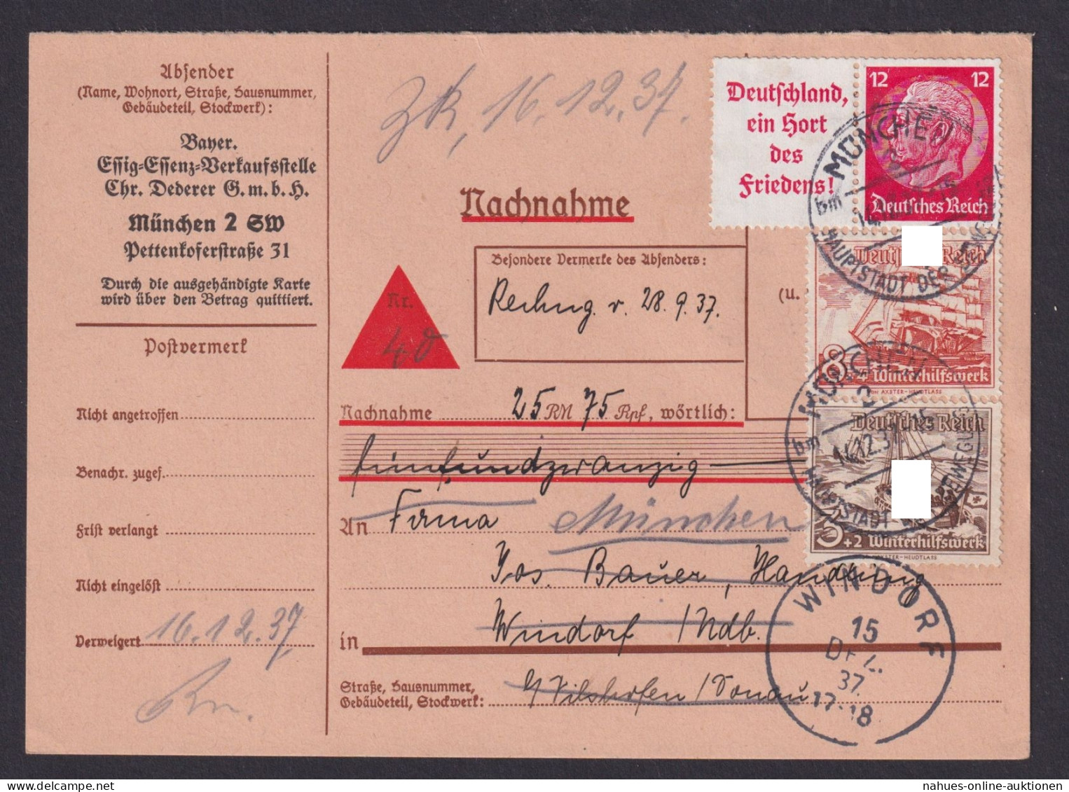 Deutsches Reich Zusammendruck MIF Hindenburg & WHW Auf Nachnahme München - Covers & Documents