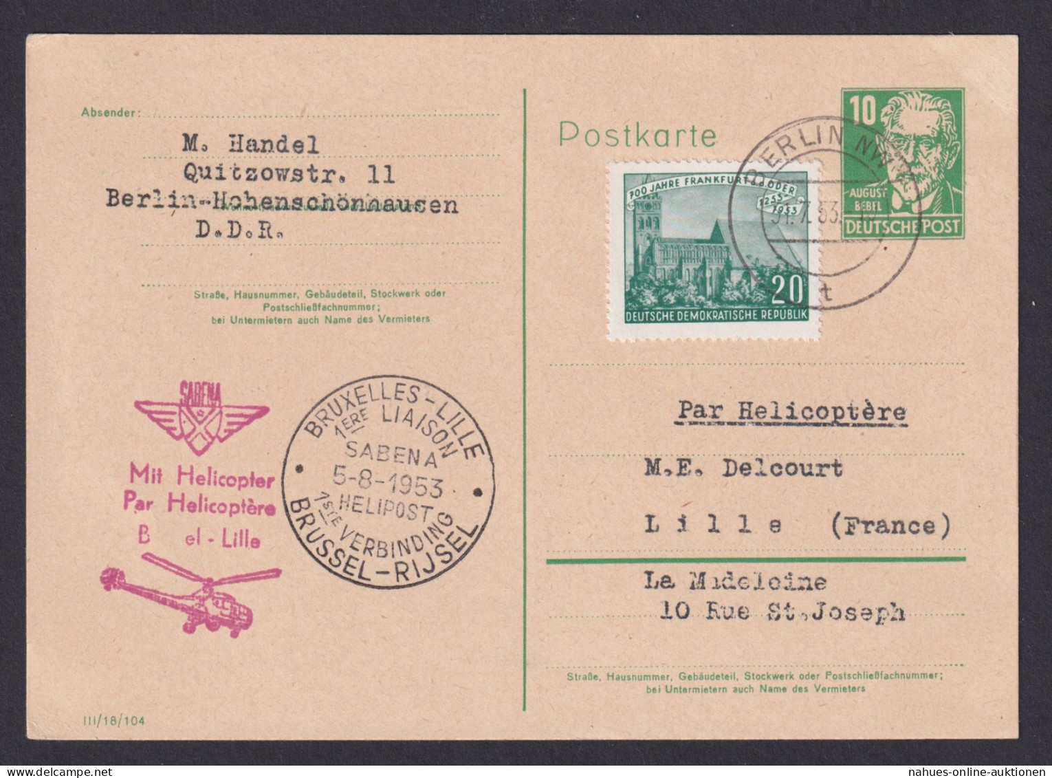 Helikopter Flugpost Brief DDR Ganzsache Köpfe Bebel Sabena Inter. Zuleitung - Storia Postale