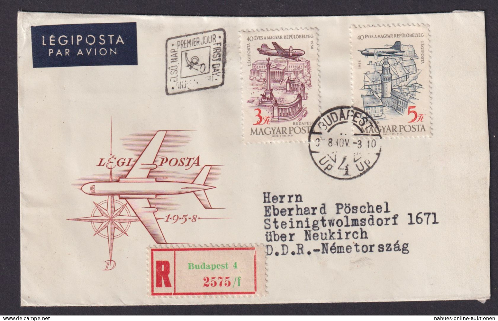 Flugpost R Brief Air Mail Ungarn Erstflug Budapest Steinigtwolmsdorf Sachsen DDR - Covers & Documents