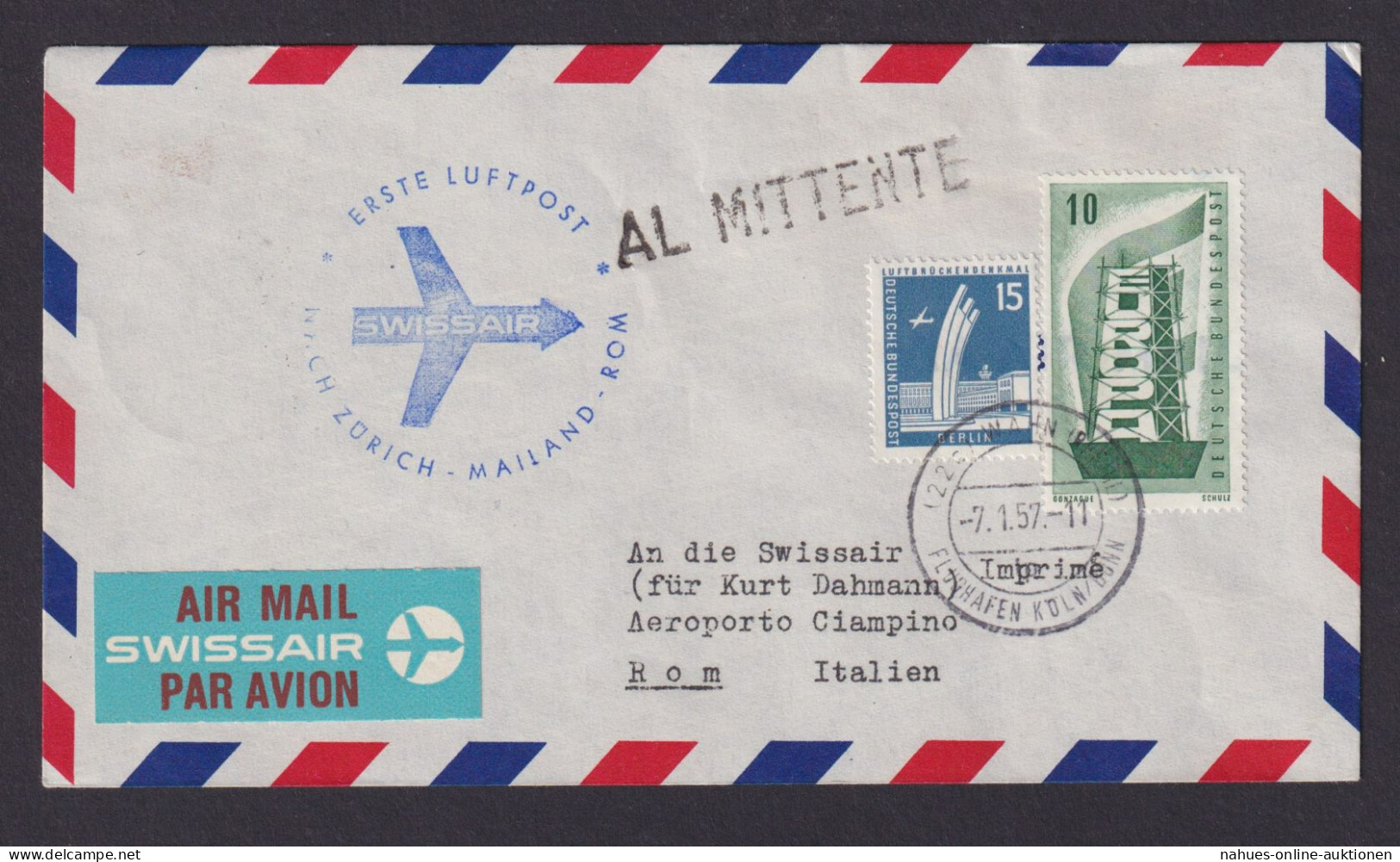 Flugpost Brief Air Mail Swissair Erstflug Zürich Mailand Rom Italien Zuleitung - Covers & Documents