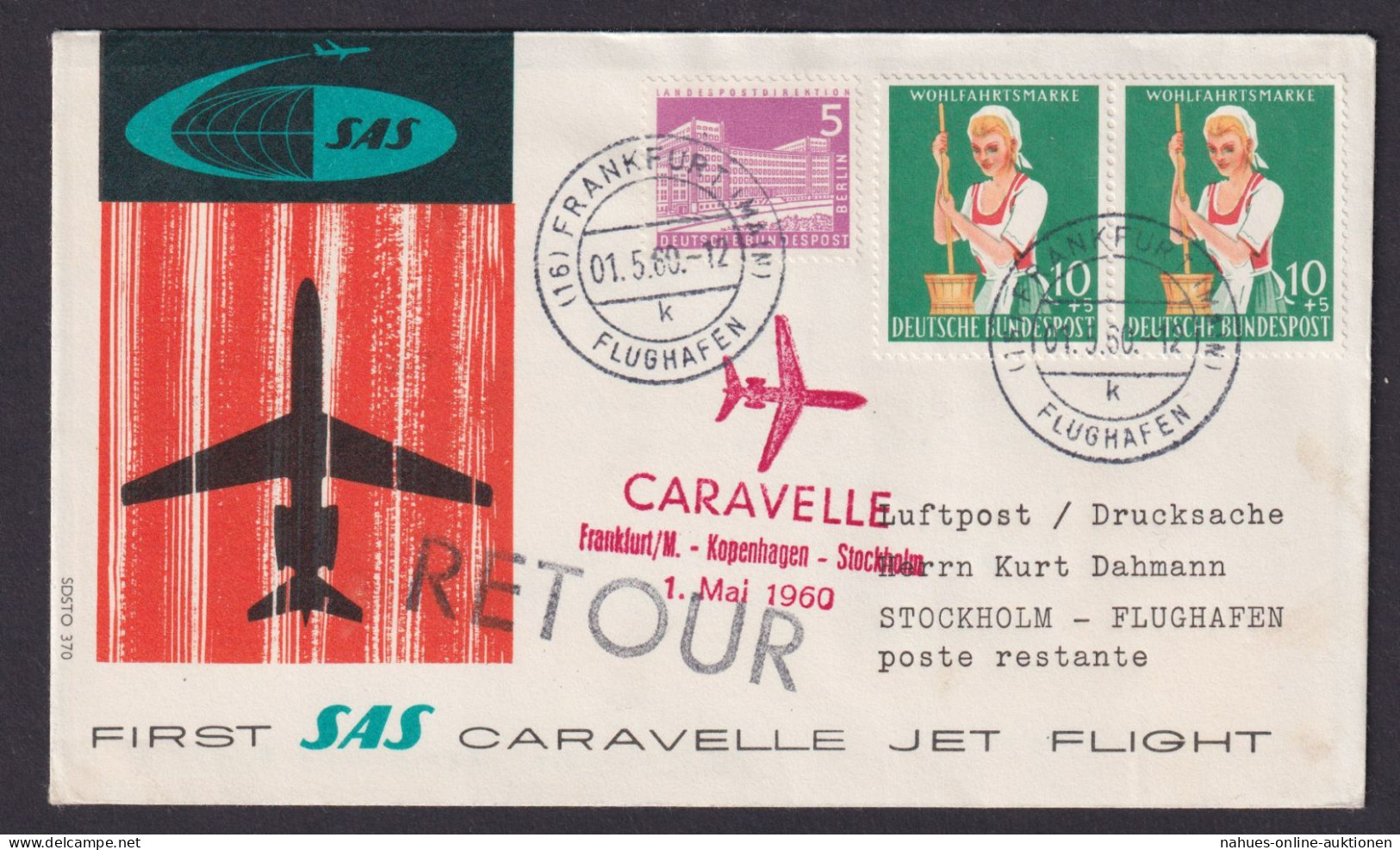 Flugpost Brief Air Mail Erstflug SAS Caravelle Frankfurt Kopenhagen Stockholm - Storia Postale