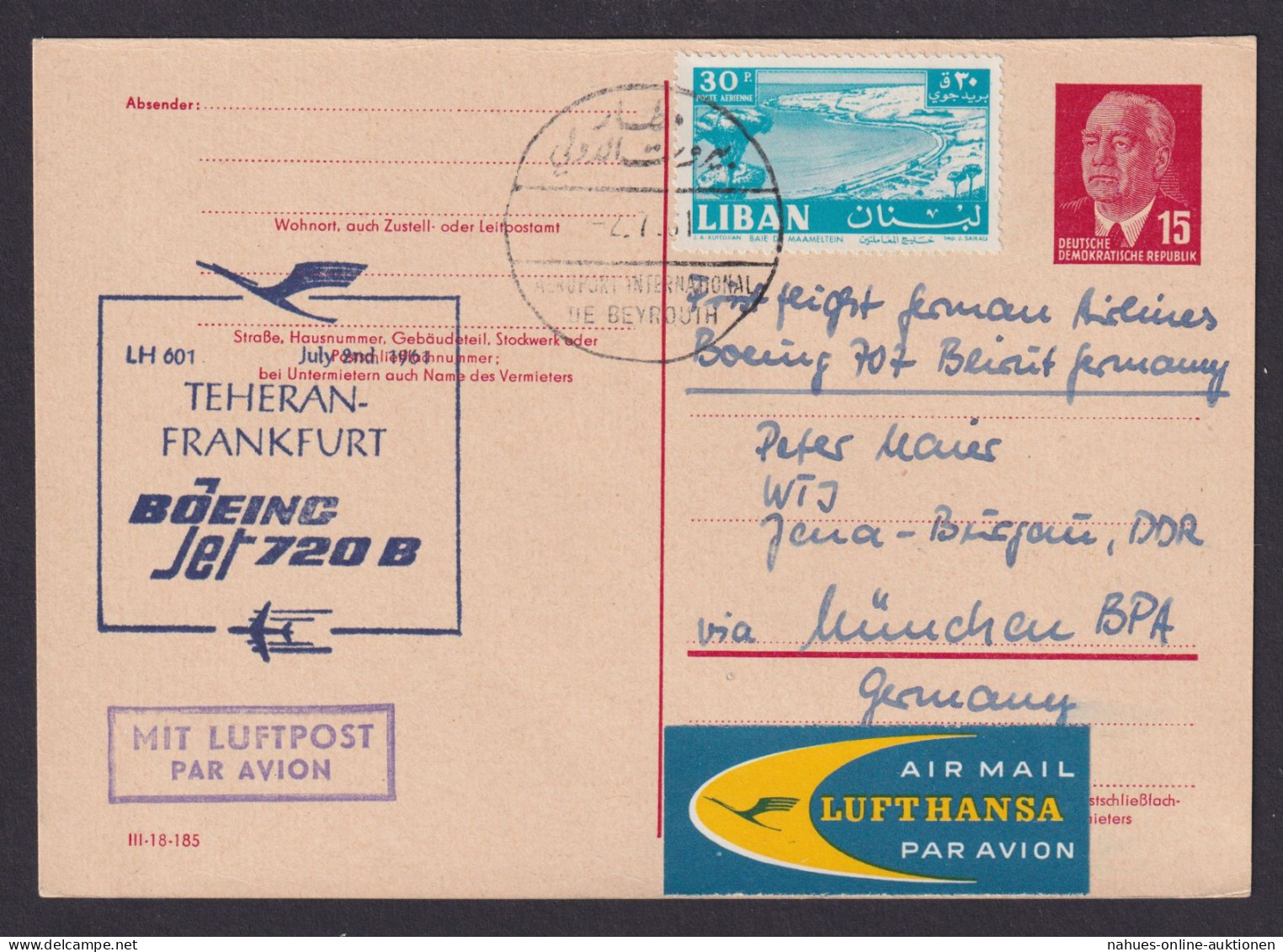 Flugpost Air Mail Brief DDR Ganzsache LH 601 Boeing Libanon Thern Frankfurt - Storia Postale
