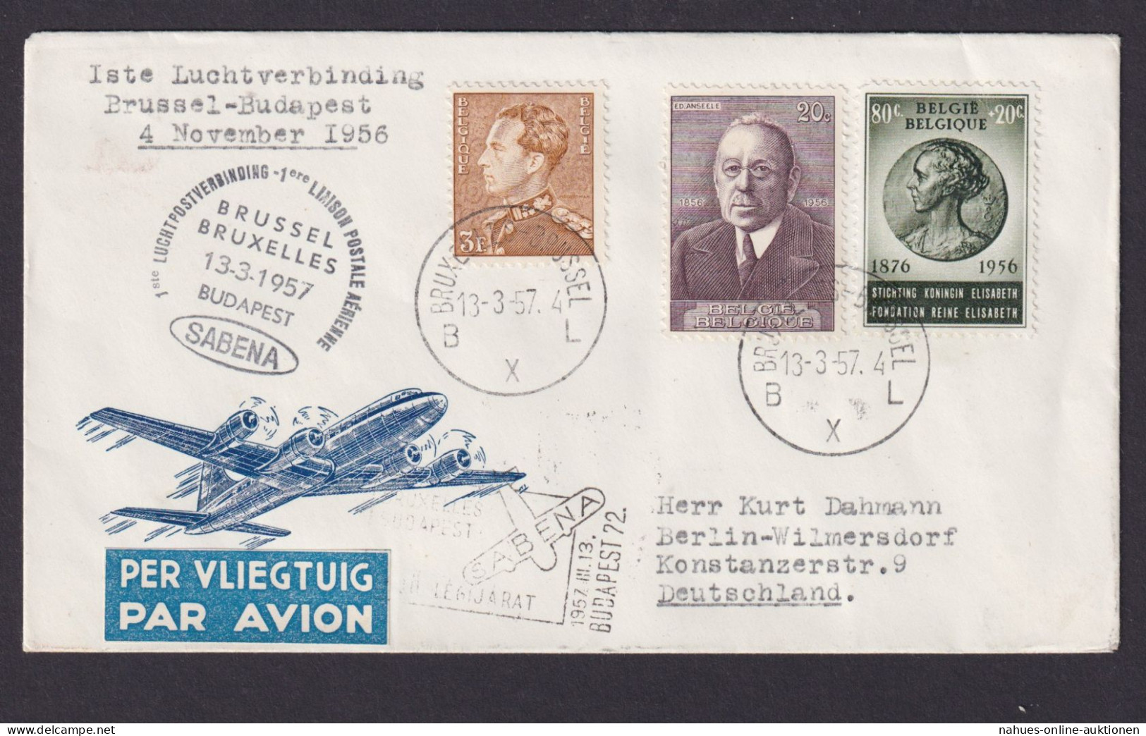 Flugpost Brief Air Mail Belgien Sabena Erstflug Brüssel Belgien Berlin - Andere & Zonder Classificatie