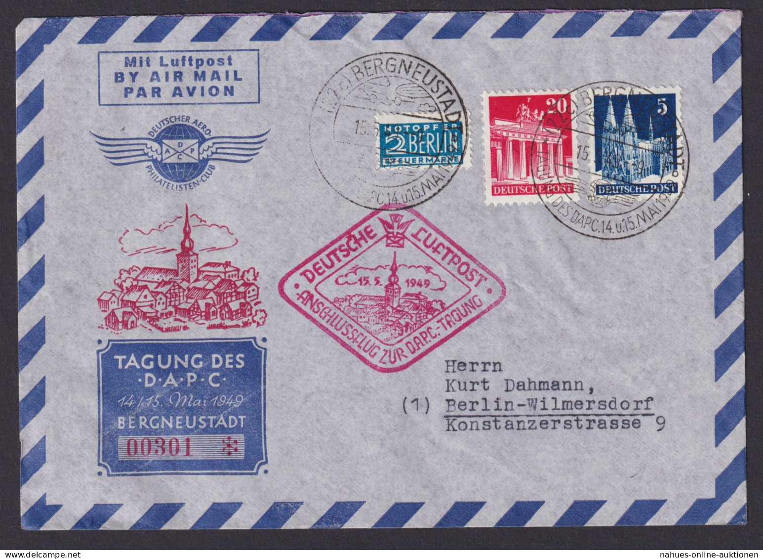 Flugpost Air Mail Brief Bizone Bauten Tagung Des D.A.P.C. SST Bergneustadt Nach - Cartas & Documentos