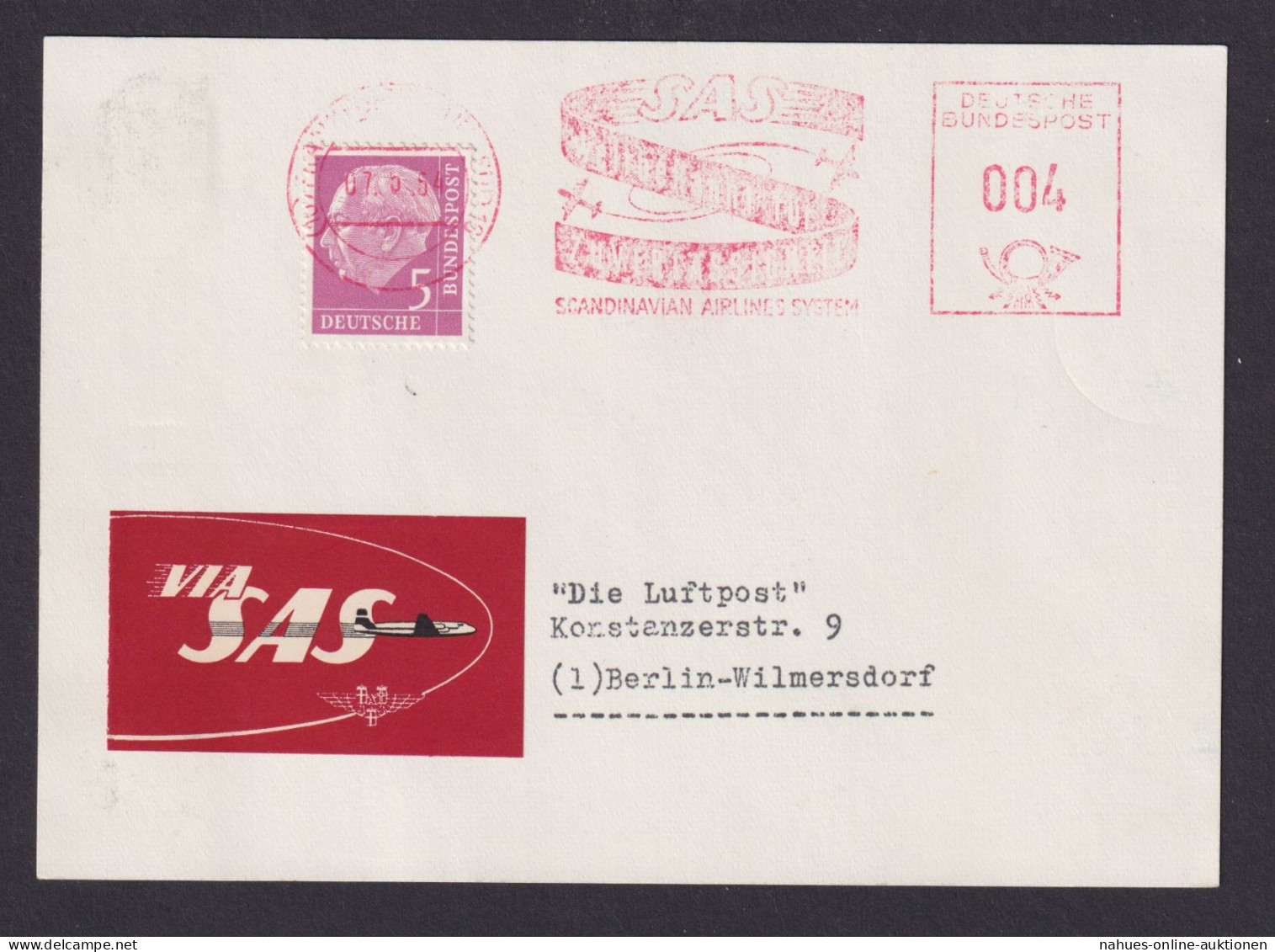 Flugpost Brief Air Mail Absenderfreistempel SAS 004 + ZuF Heuss Skandinavian - Storia Postale