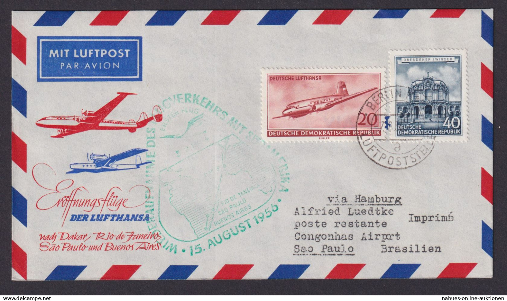 Flugpost Brief Air Mail Lufthansa Eröffnungsflug Inter. DDR Zuleitung Sao Paulo - Cartas & Documentos