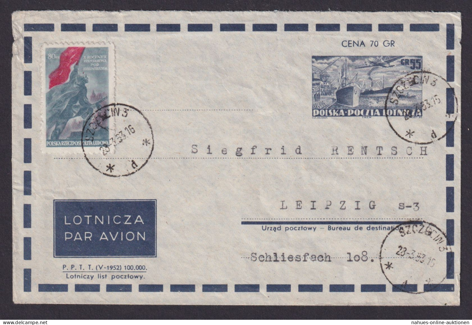 Flugpost Brief Air Mail Polen Ganzsache 55 Gr. + ZuF Nach Leipzig 23.3.1953 - Storia Postale