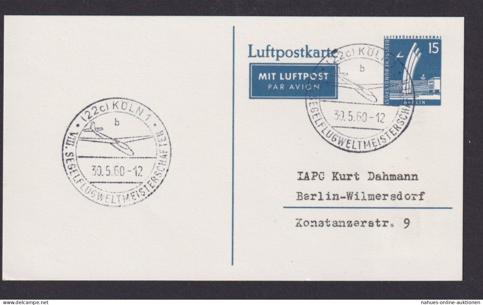 Flugpost Brief Air Mail Berlin Ganzsache Stadtbilder SST Köln VIII Segelflug - Brieven En Documenten