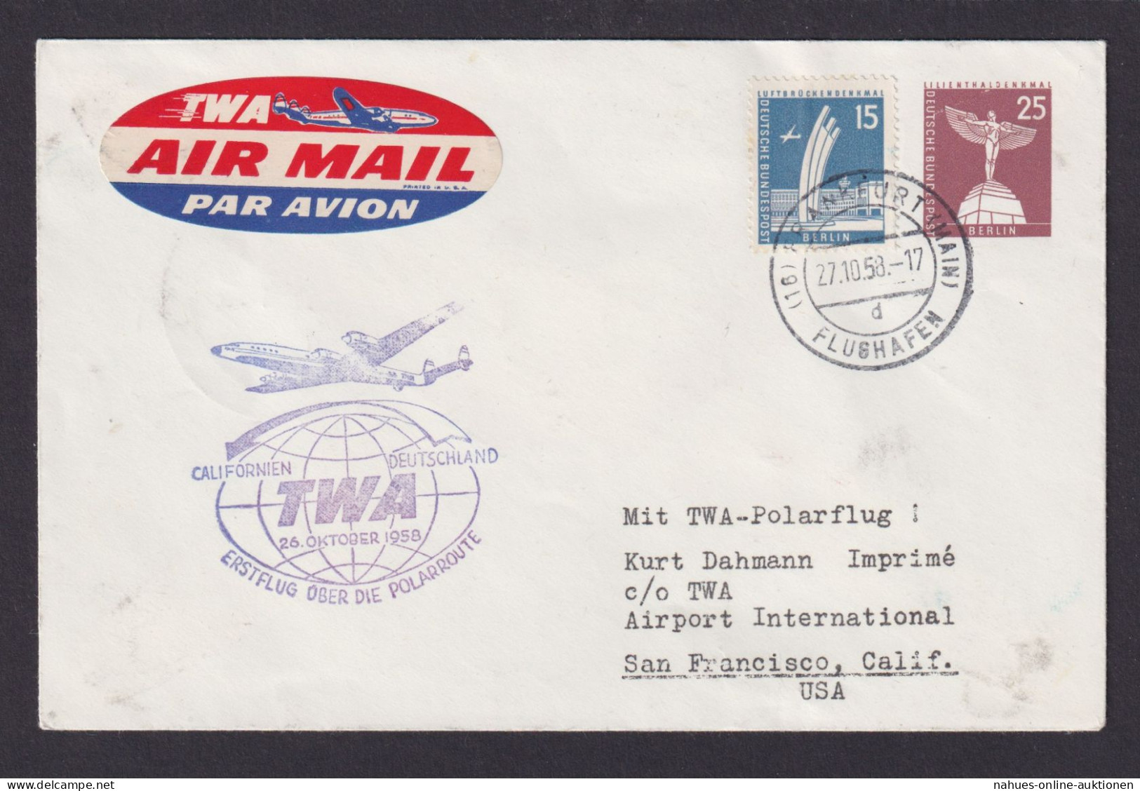 Flugpost Brief Air Mail Berlin Ganzsache 25 Pfg. Stadtbilder + ZuF TWA Polar - Lettres & Documents