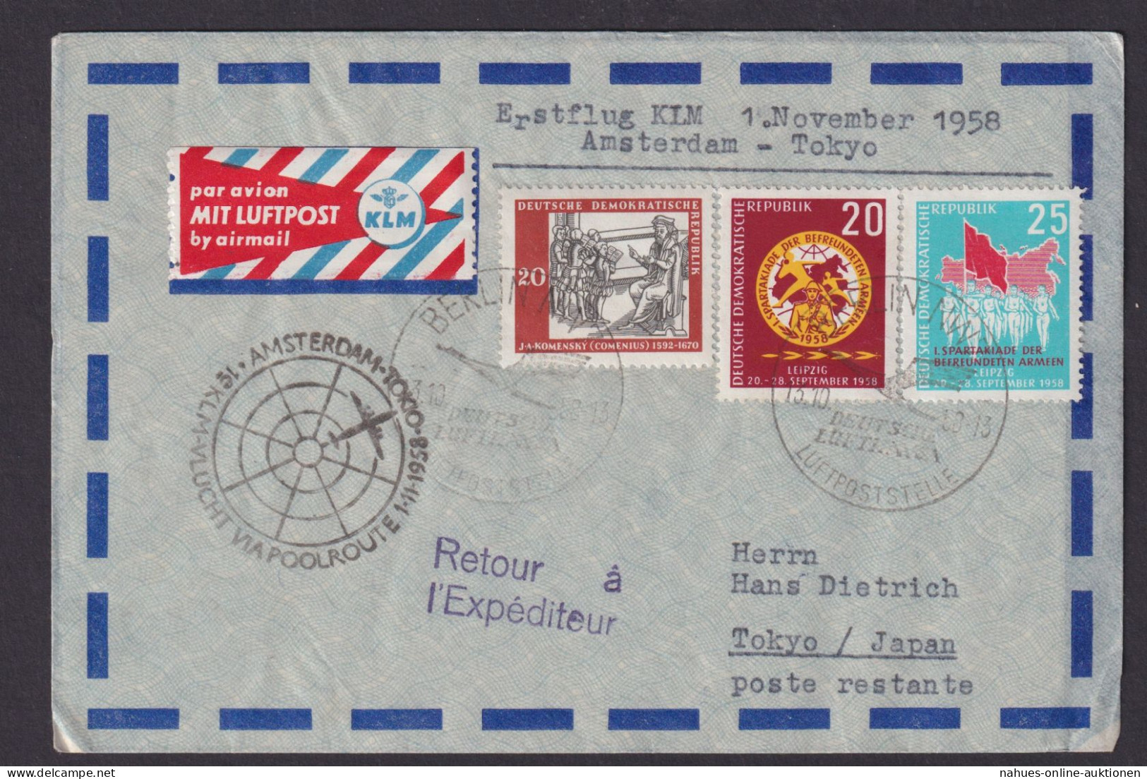 Flugpost Brief Air Mail KLM Erstflug Amsterdam Tokio Japan Zuleitung DDR Ab - Luftpost