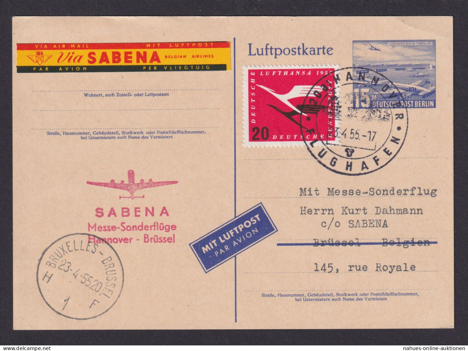 Flugpost Brief Air Mail Berlin Ganzsache + ZuF Bund Luftpost Lufthansa Hannover - Cartas & Documentos