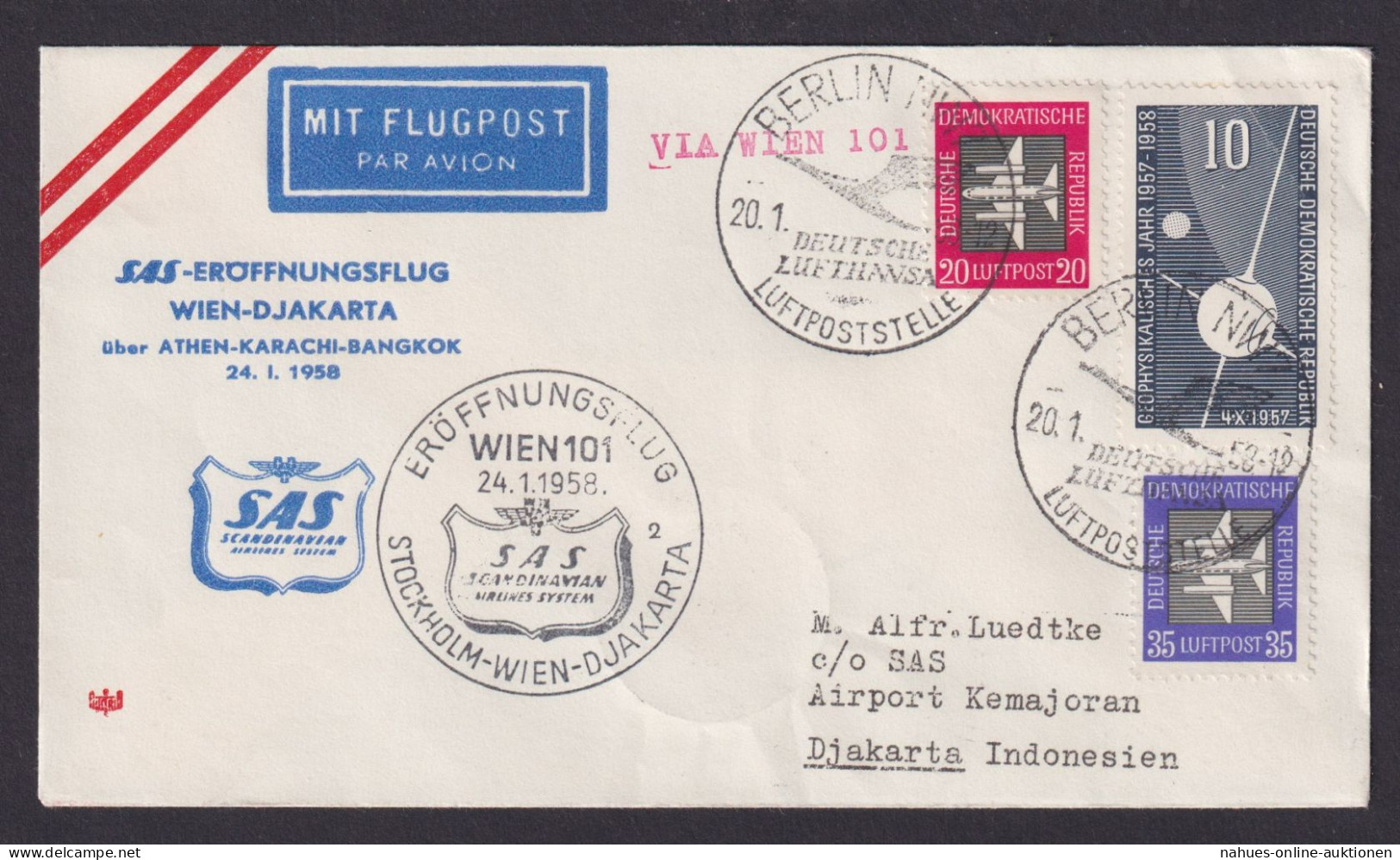 Flugpost Brief Air Mail SAS Eröffnungsflug Wien Djakarta Inter. DDR Zuleitung - Cartas & Documentos