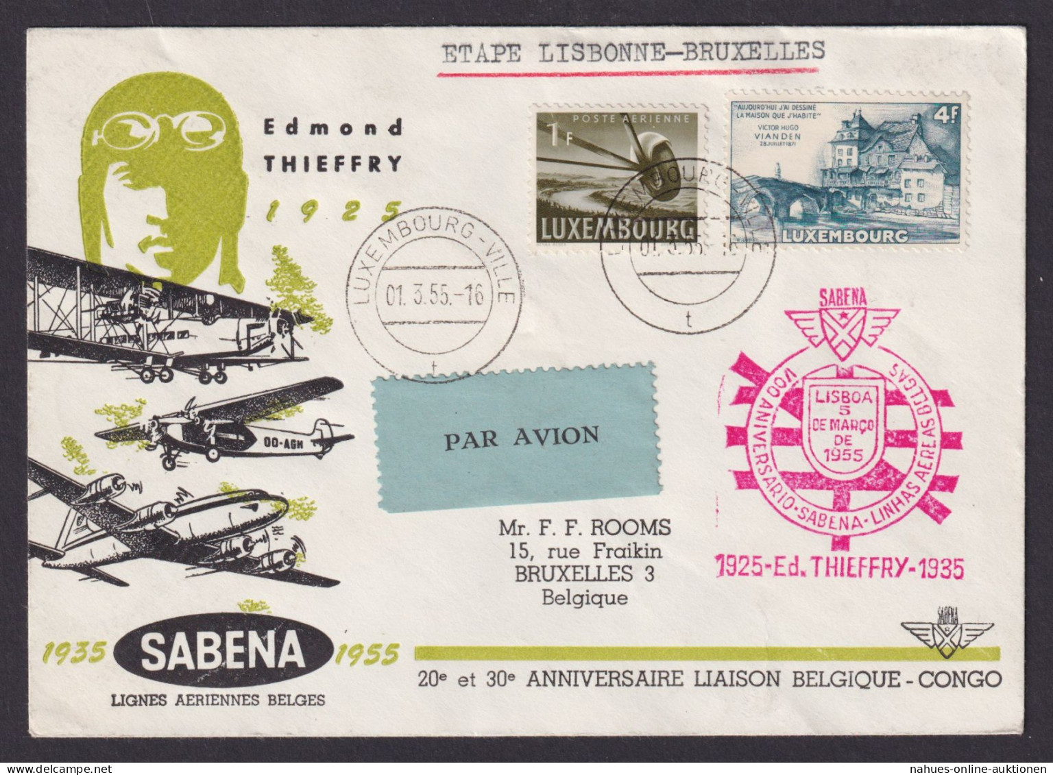 Flugpost Brief Air Mail Sabena Luxemburg Lisbonne Lissabon Brüssel Belgien Auf - Storia Postale