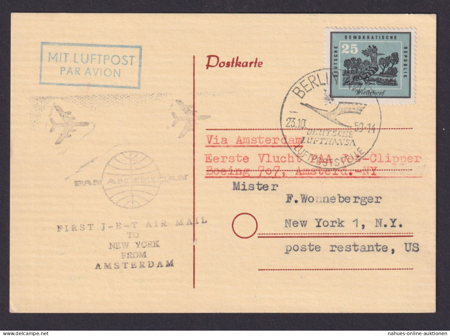 Flugpost Brief Air Mail Pan America Erstflug Amsterdam New York DDR Zuleitung - Storia Postale