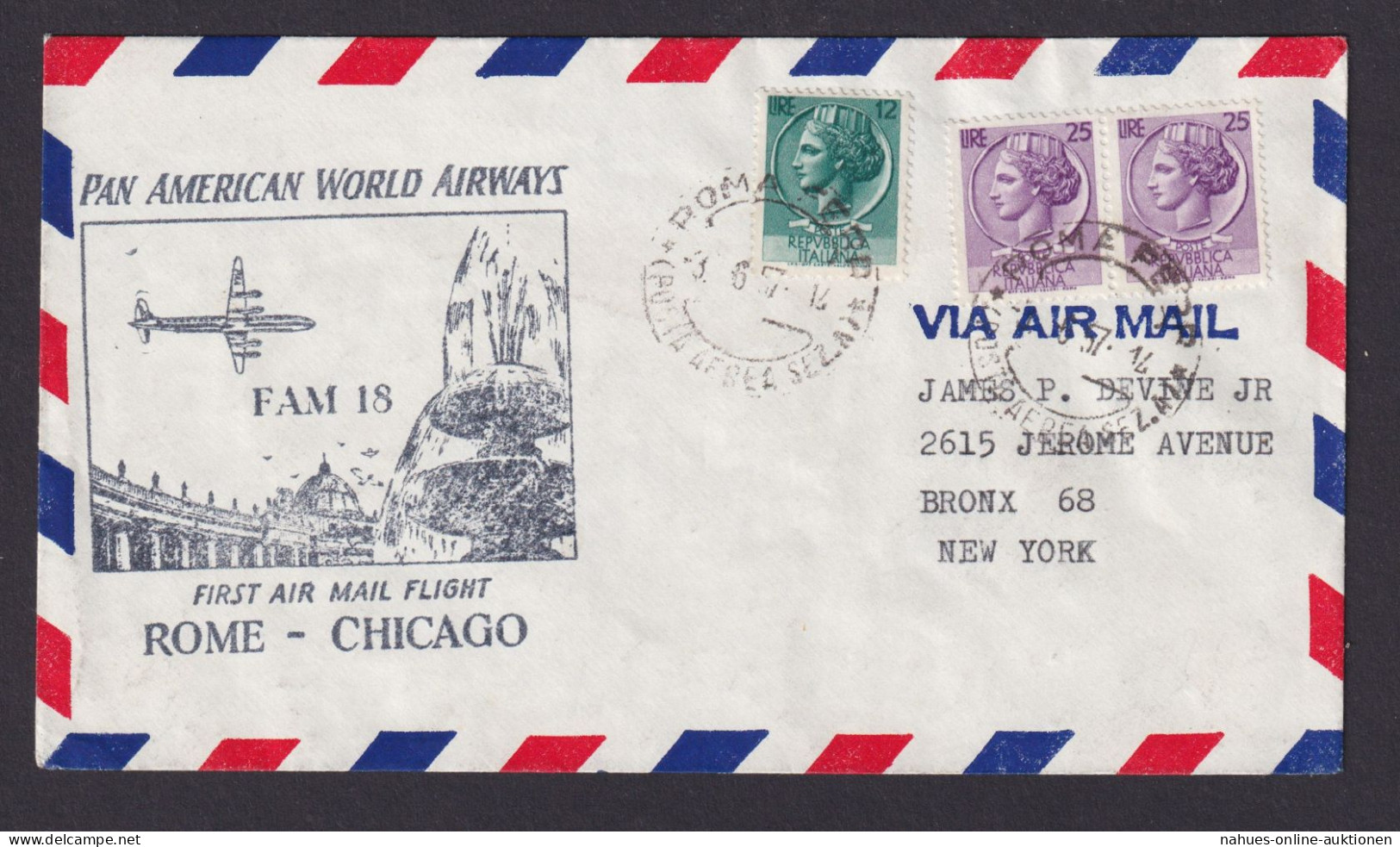 Flugpost Brief Air Mail Pan America Erstflug Rom Italien Chicago USA N. New York - Gebraucht