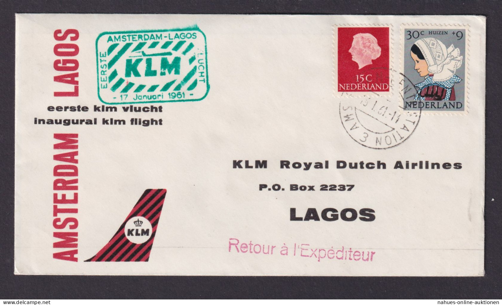 Flugpost Brief Air Mail KLM Niederlande Amsterdam Lagos Erstflug 16.1.1961 - Luchtpost