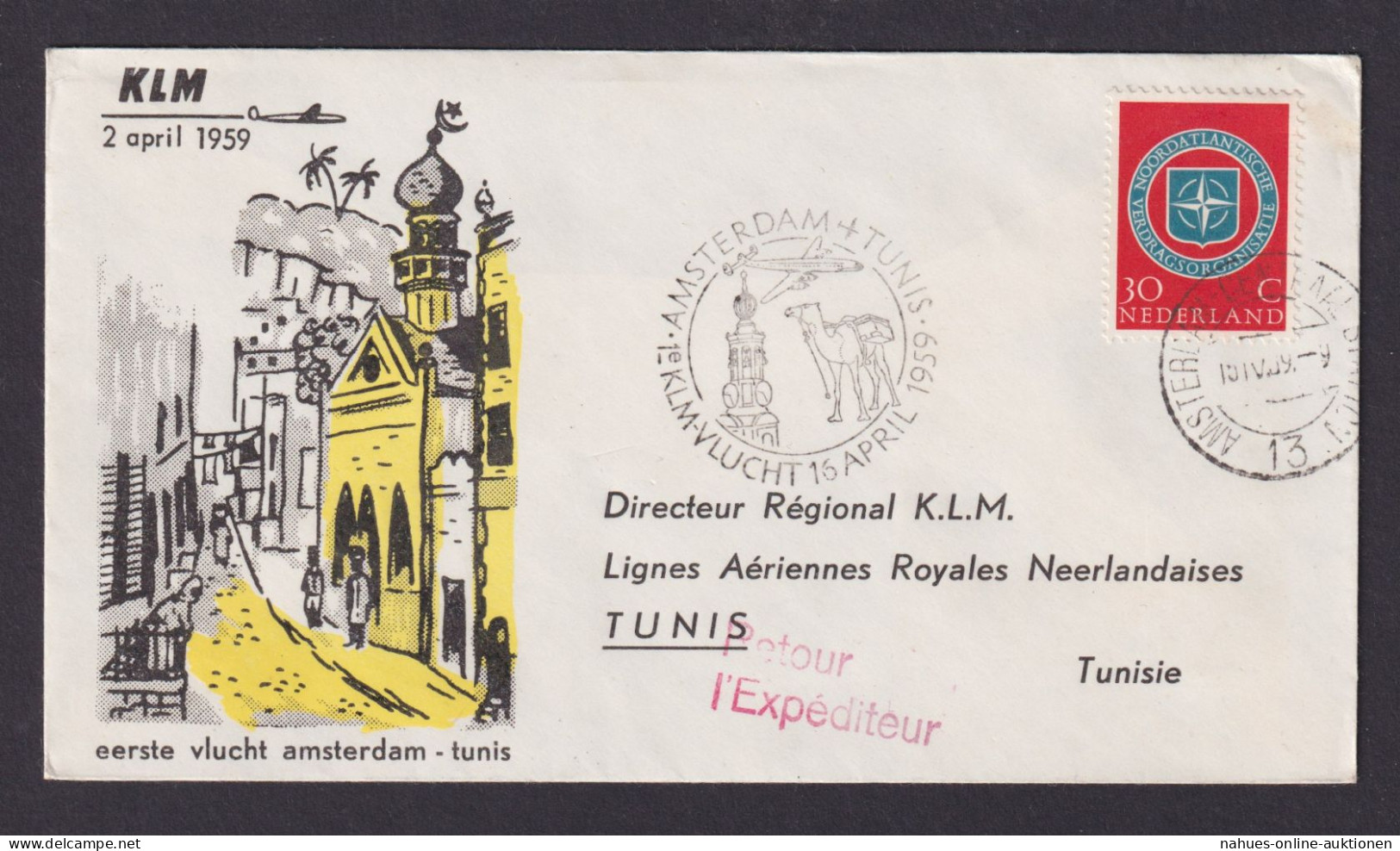 Flugpost Brief Air Mail KLM Amsterdam Niederlande Nach Tuinis Tunesien 16.4.1959 - Poste Aérienne