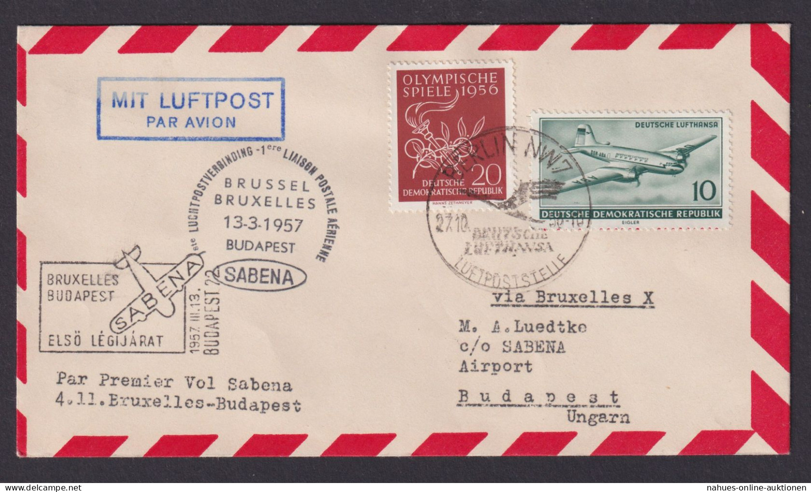 Flugpost Brief Air Mail Sabena Brüssel Budapest Ungarn DDR Zuleitung Ab Berlin - Autres & Non Classés