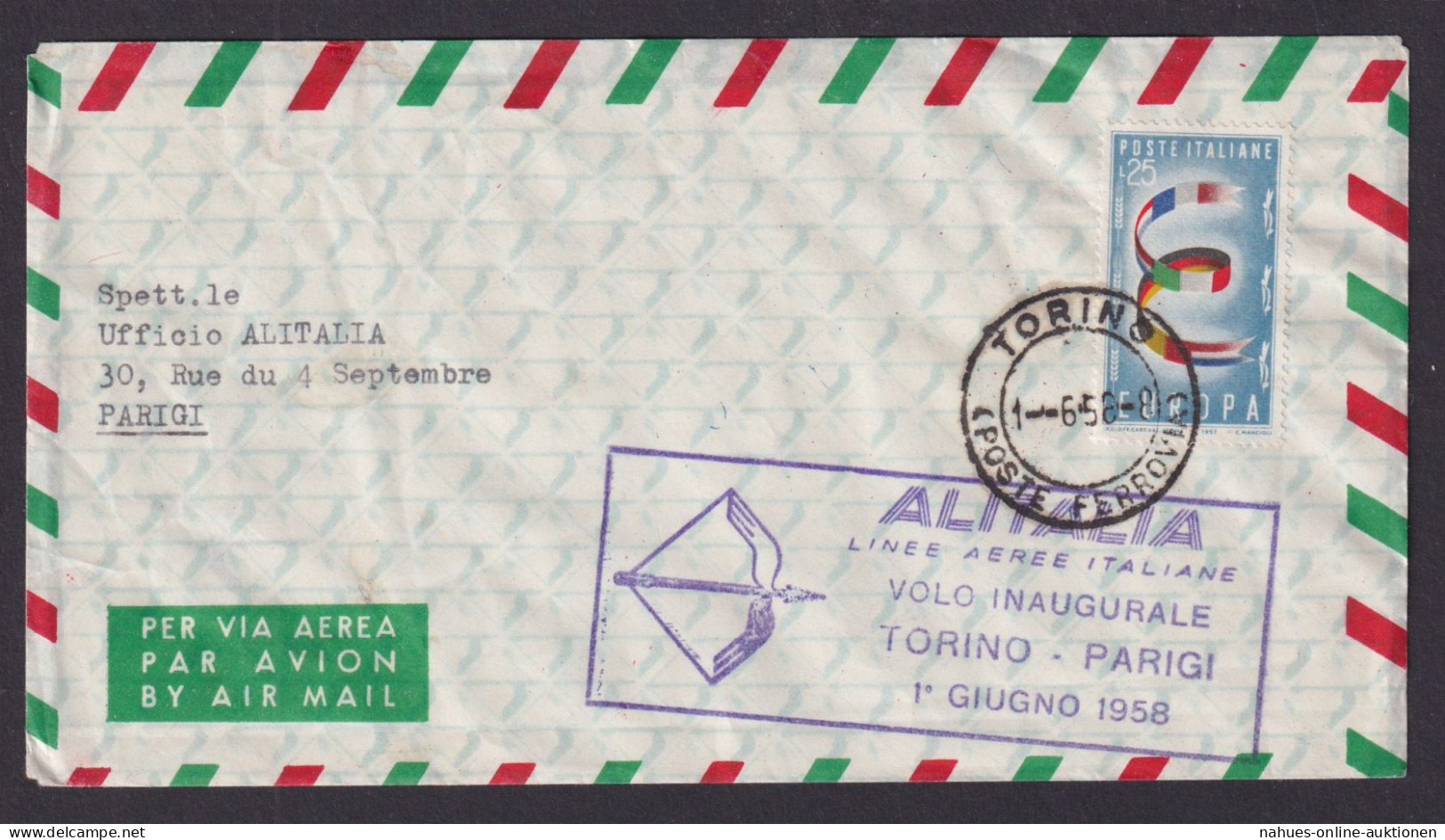 Flugpost Brief Air Mail Italien Alitalia Torino Parigi Paris Frankreich 1.6.1956 - Used