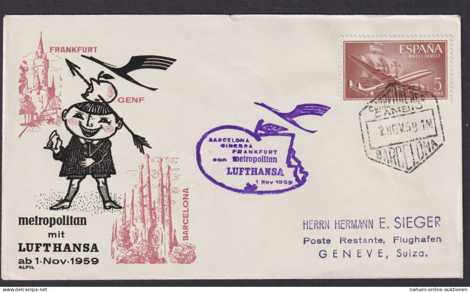 Flugpost Brief Air Mail Lufthansa Frankfurt Genf Schweiz Barcelona Spanien - Lettres & Documents