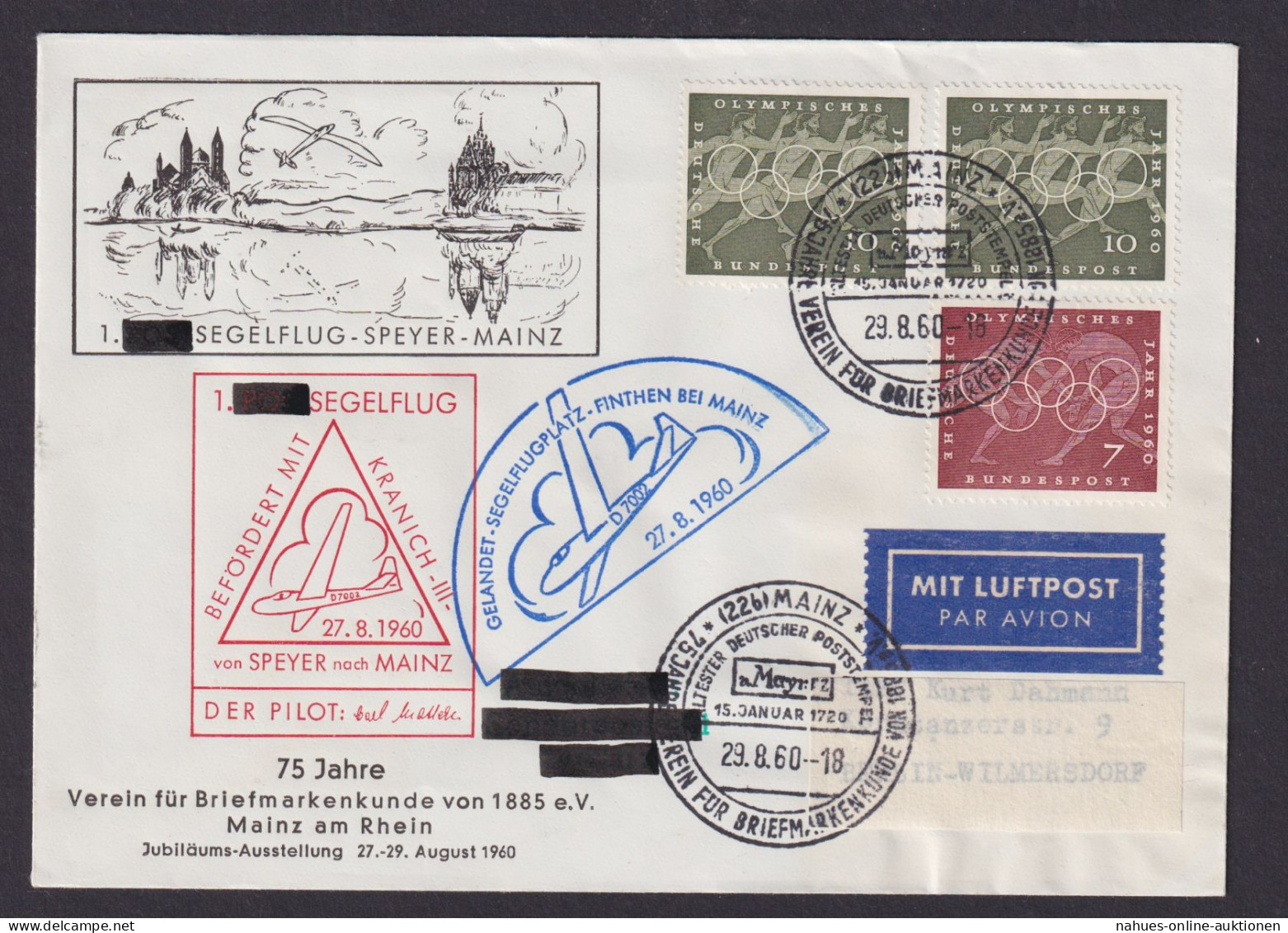 Flugpost Brief Air Mail Bund 1. Segelflug Speyer Finthen Bei Mainz Mit Tollen - Covers & Documents