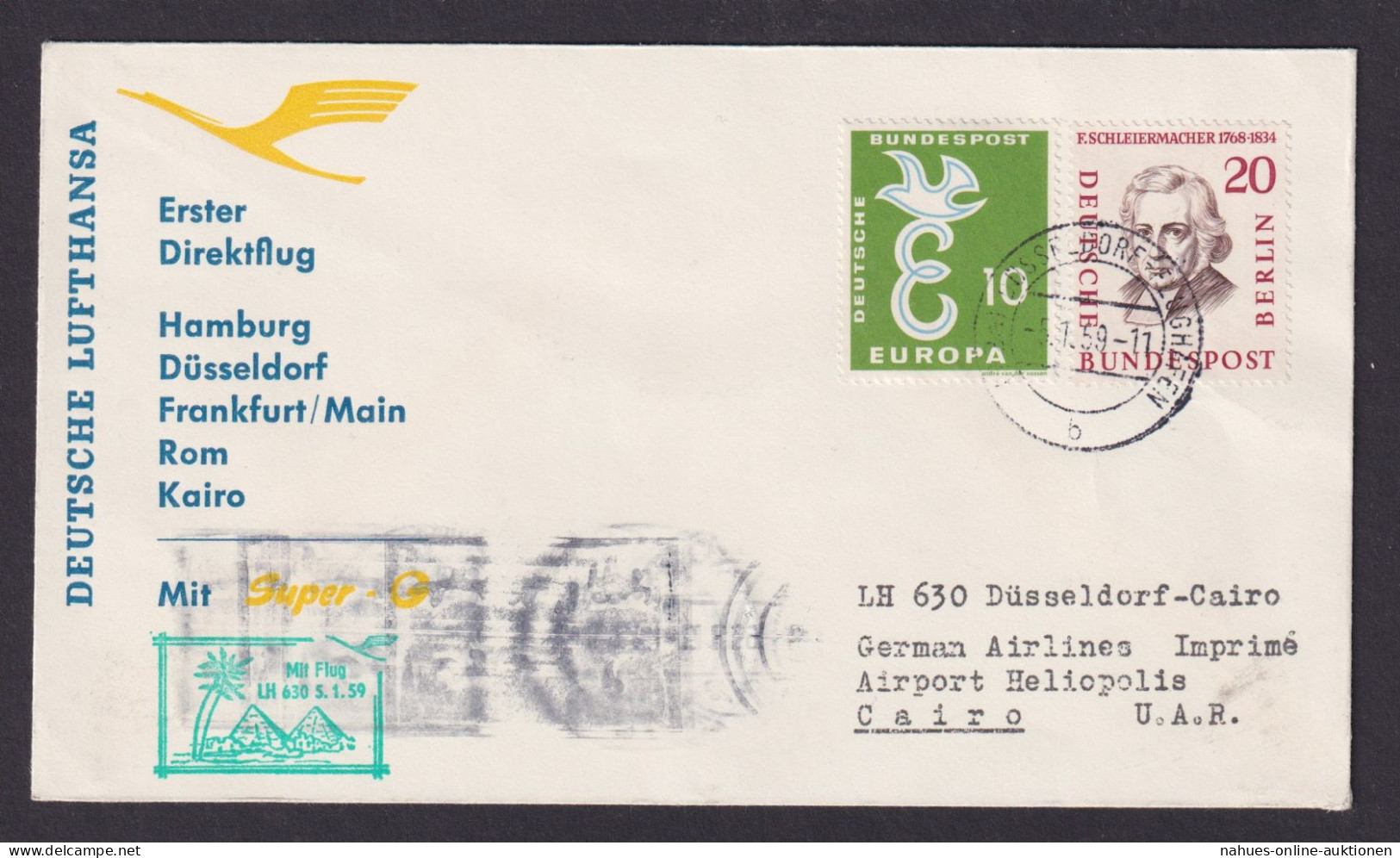 Flugpost Brief Air Mail Lufthansa 1.Direktflug Düsseldorf Kairo Ägyten 5.1.1959. - Covers & Documents