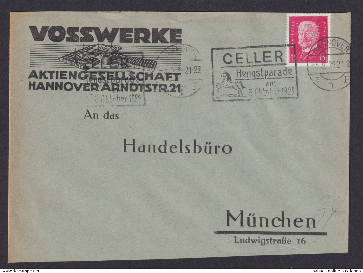 Perfin Lochung Deutsches Reich Brief EF Hindenburg VW Vosswerke Reklame Umschlag - Briefe U. Dokumente