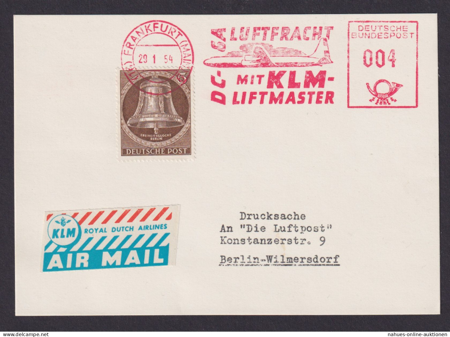 Flugpost Brief Air Mail Berlin Glocke Plus AFS Absenderfreistempel KLM 004 Ab - Storia Postale