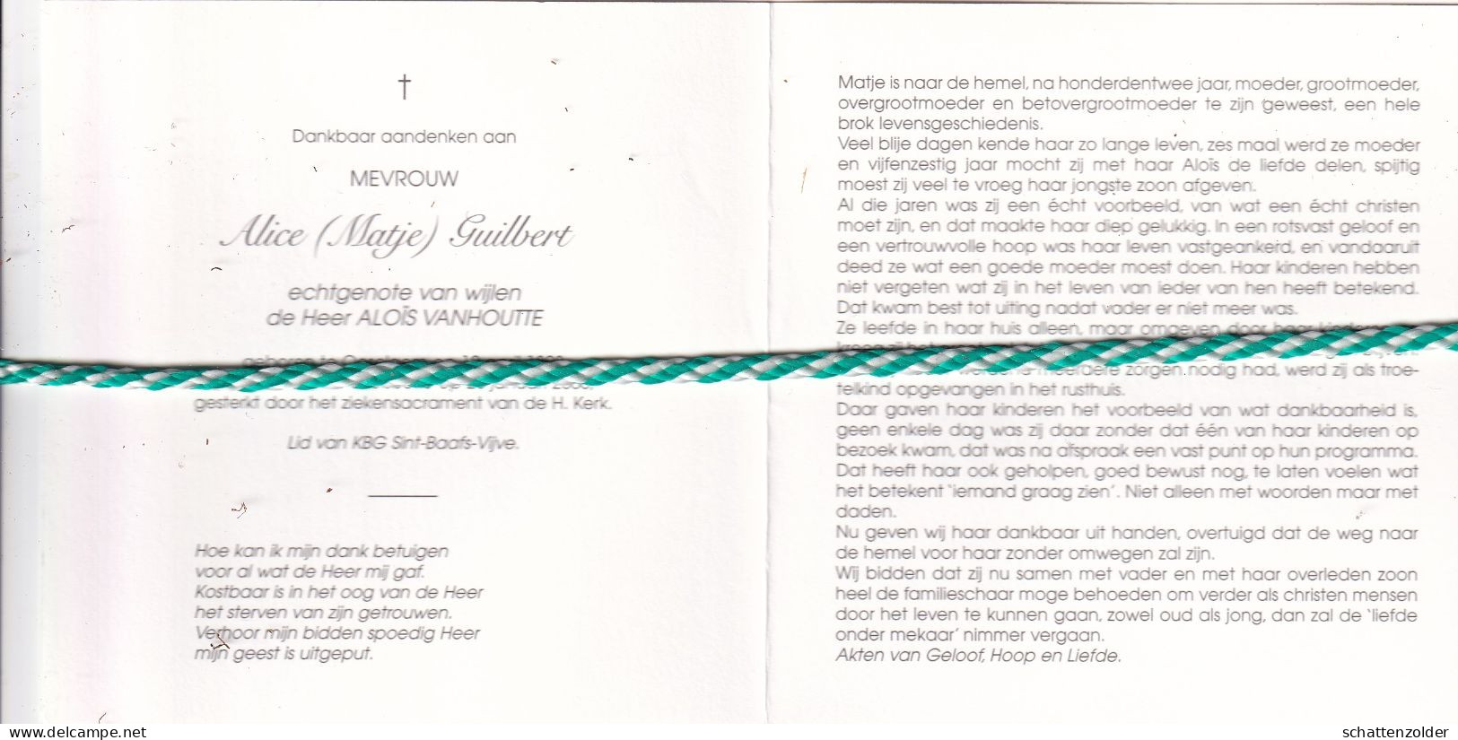 Alice (Matje) Guilbert-Vanhoutte, Oeselgem 1898, Wielsbeke 2000. Honderdjarige. Foto - Obituary Notices