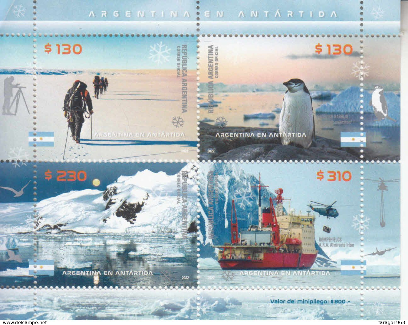 2022 Argentina Antarctica Penguins Birds Ships Helicopters Aviation SILVER Souvenir Sheet MNH - Neufs