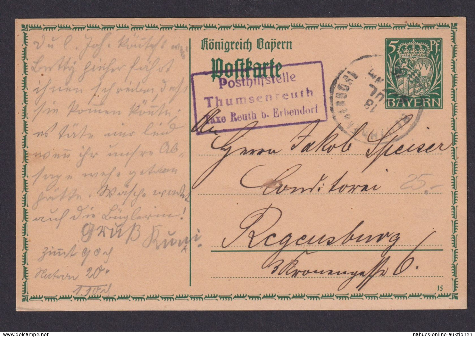 Bayern Ganzsache Mit Viol. R3 Posthilfstelle Thumsenreuth Taxe Reuth B Erbendorg - Postal  Stationery