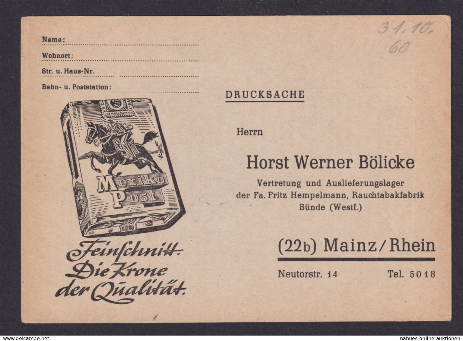 Briefmarken Mainz Reklame Bölicke Tabak Mexiko Post Rauchen Bundesrepublik - Covers & Documents