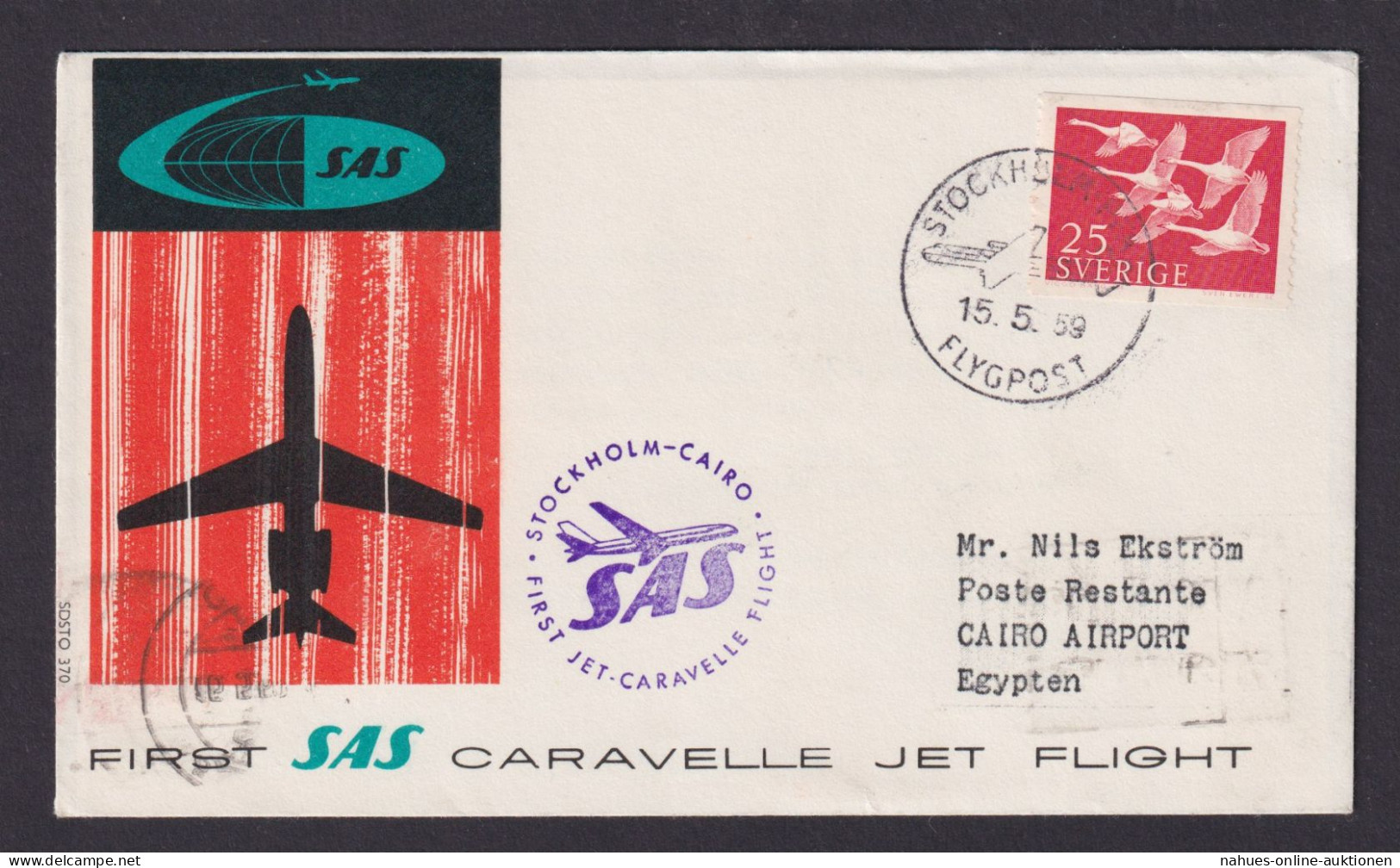 Flugpost Brief Air Mail SAS Erstflug Caravelle Jet Flight Nach Kairo Ägypten - Briefe U. Dokumente