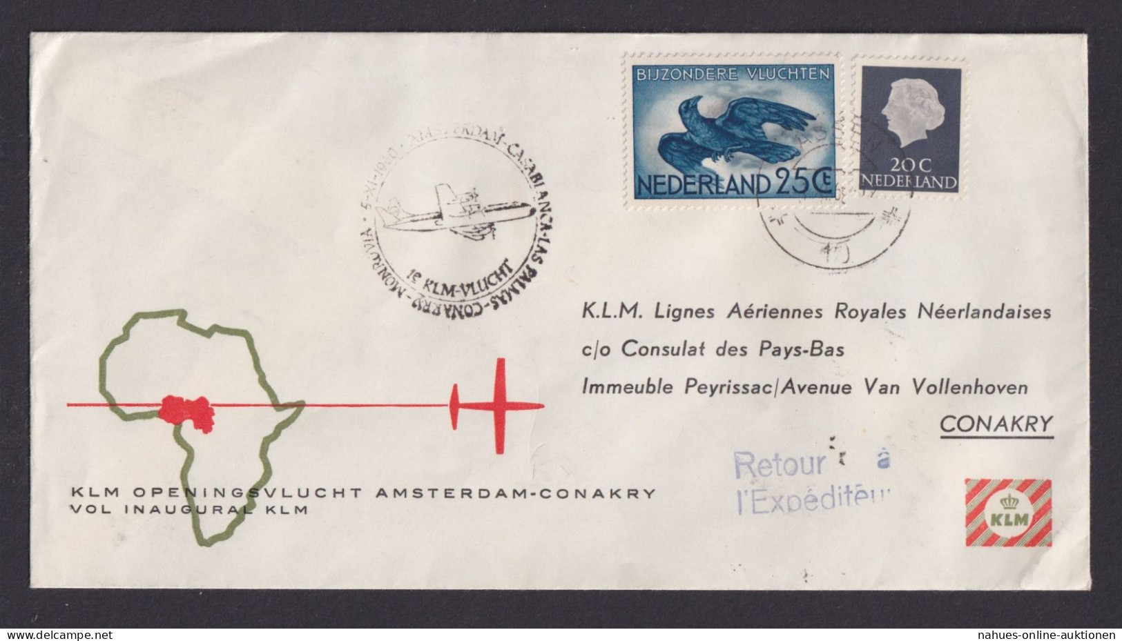 Flugpost Brief Air Mail KLM Niederlande Destination Amsterdam Conakry Guinea - Posta Aerea