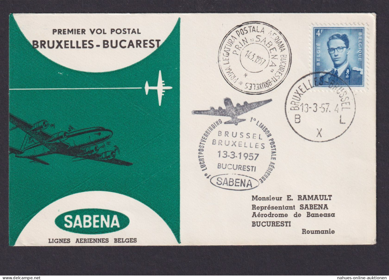 Flugpost Brief Air Mail Sabena Brüssel Belgien Bukarest Rumänien Sehr Schöner - Other & Unclassified