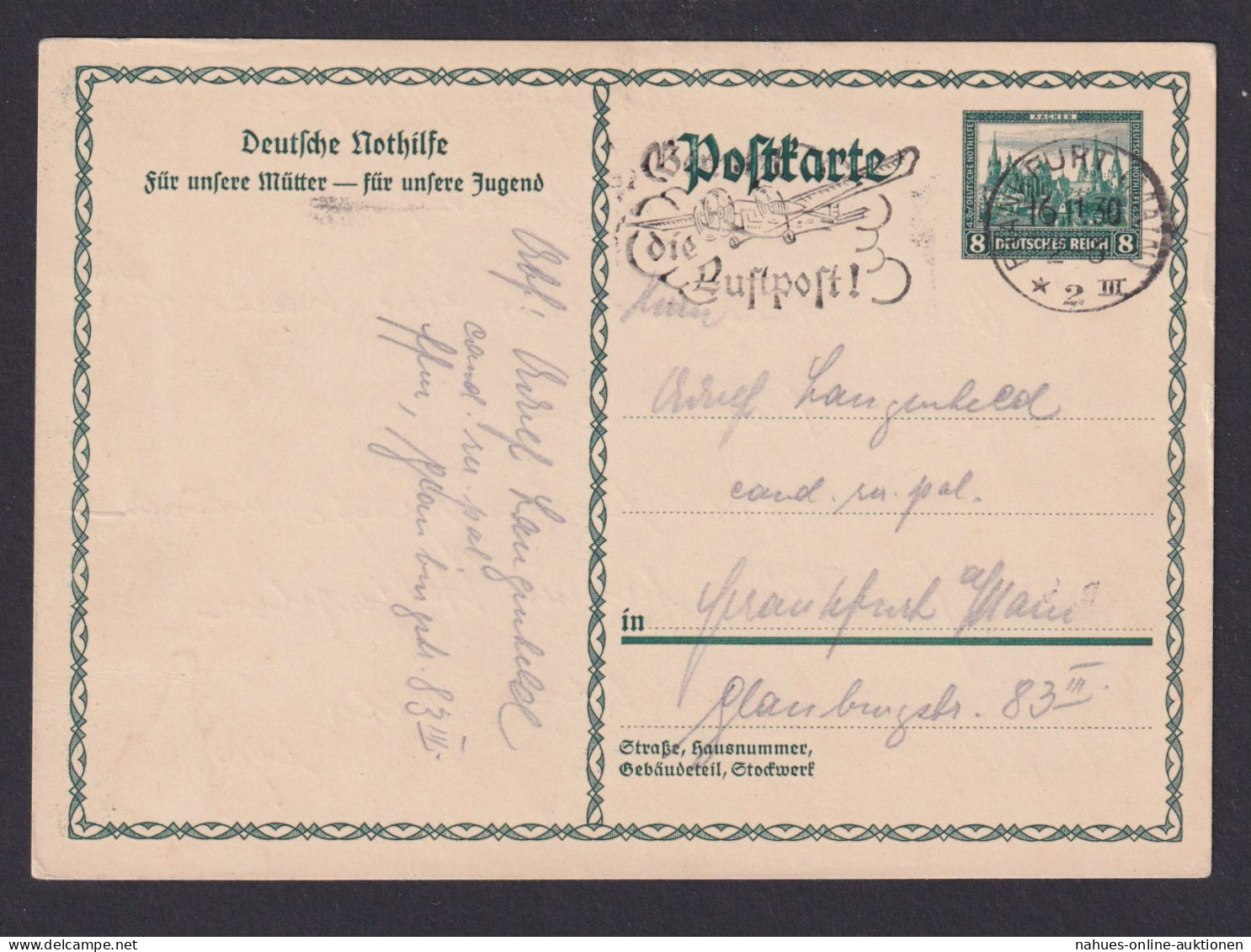 Deutsches Reich Nothilfe Ganzsache Für Unsere Mütter Für Unsere Jugend Frankfurt - Storia Postale