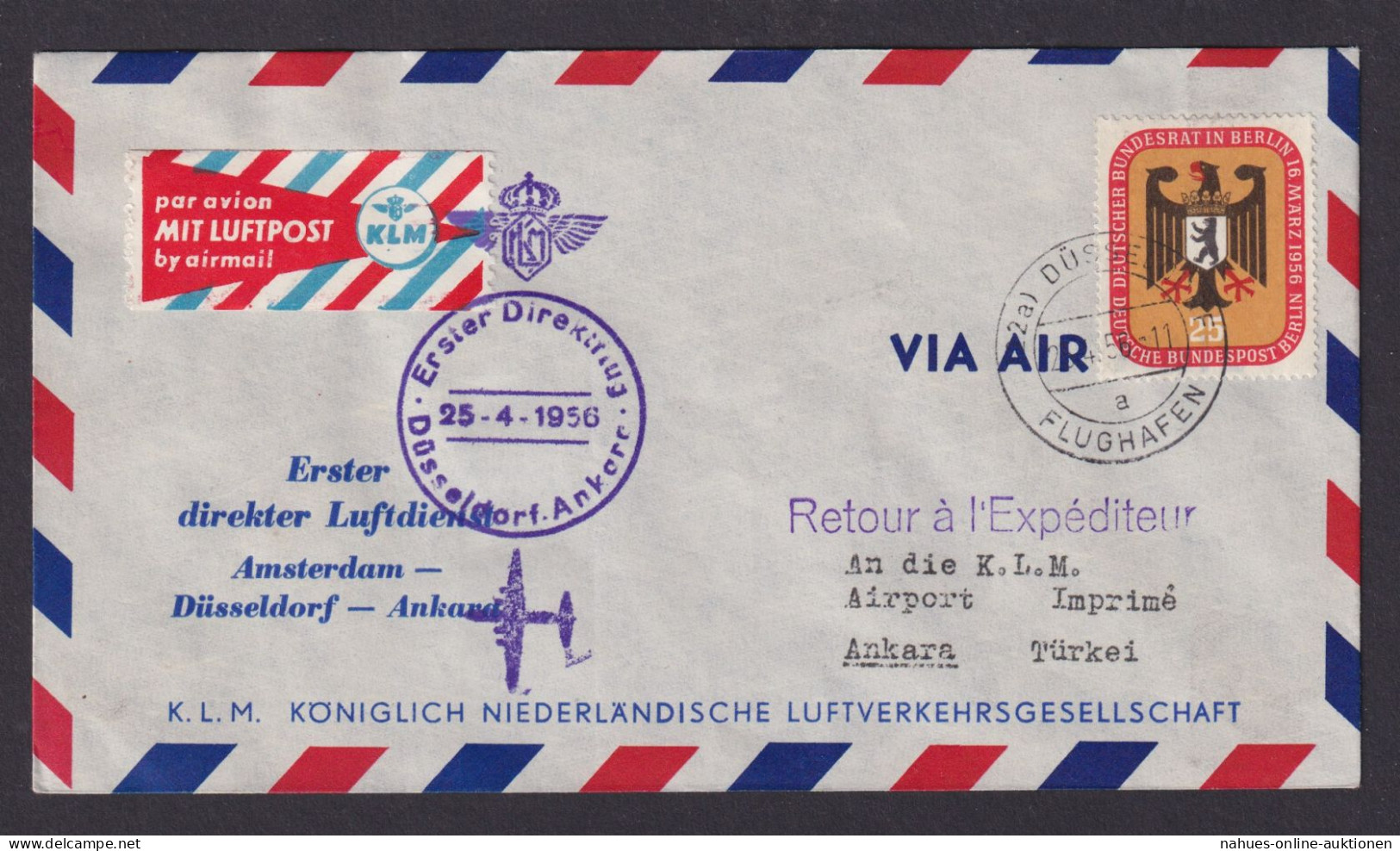 Flugpost Brief Air Mail Bund Bundesrat KLM Erstflug Düsseldof Ankara Türkei - Storia Postale