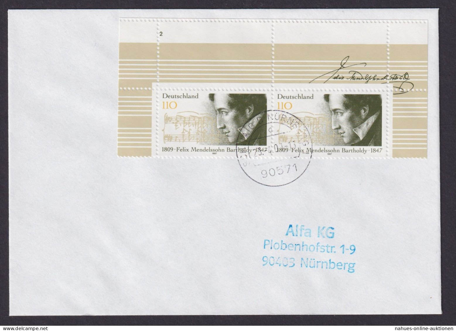 Abart Bund 1953 Mendelssohn Bartholdy Musik Komponist Zwei Leerfelder Formnummer - Storia Postale